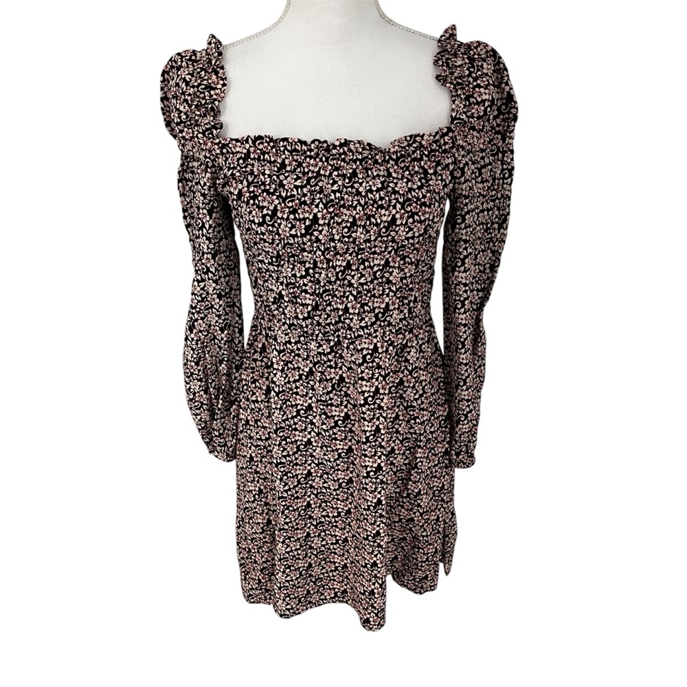 Maje Red Black Floral Long Sleeve Mini Dress Medium Smocking Square Cut